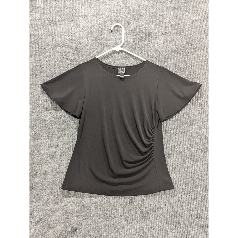 Clara Sun Woo Women's Black Side Ruched Blouse Stretch Short Sleeve Size XS